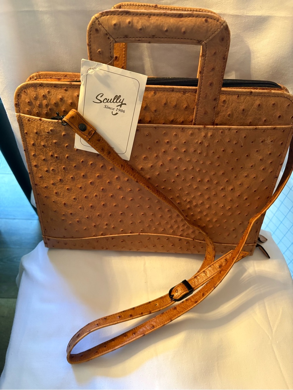 Scully Tan Ostrich-Texture Laptop Briefcase with Shoulder Strap